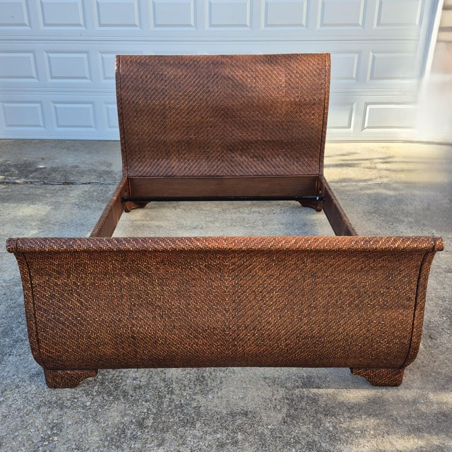 Brown Late 20th Century British Colonial Style Wicker Sleigh Bed Frame - Queen Size For Sale - Image 8 of 10