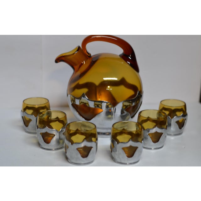 Hy Farber Vintage Farber Bros. Ny Amber Glass Decanter and Six Metal Overlay Glasses - Set of 7 For Sale - Image 4 of 6