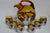 Hy Farber Vintage Farber Bros. Ny Amber Glass Decanter and Six Metal Overlay Glasses - Set of 7 For Sale - Image 4 of 6
