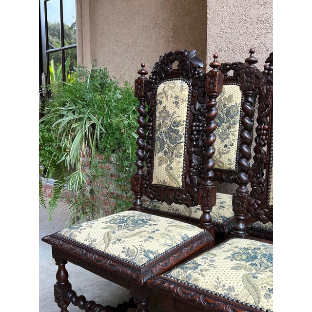 Set 4 Antique French Dining Chairs Barley Twist Renaissance Carved Oak Green 1900 For Sale - Image 15 of 18
