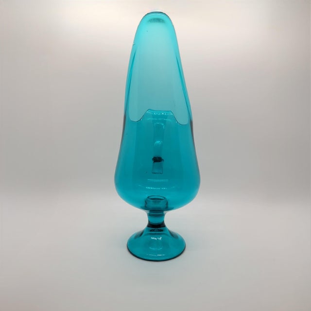 Mid-Century Modern Vintage Le Smith MCM Aqua Glass Pitcher Candleholder Vase Simplicity Design For Sale - Image 3 of 10