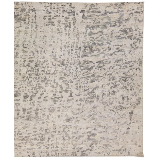 Beige Contemporary Abstract Handmade Gray & Beige Wool Rug For Sale - Image 8 of 8