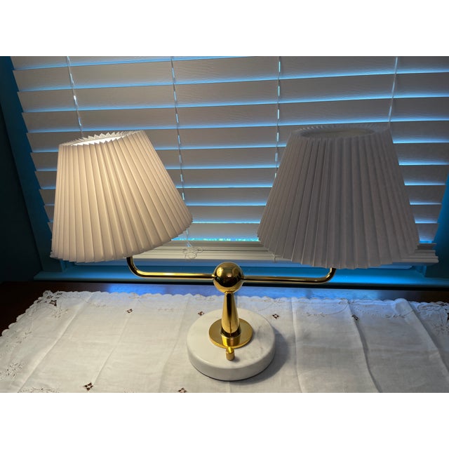 2010s Authentic Jonathan Adler Milano Brass & Carrara Marble 2-Arm Lamp For Sale - Image 5 of 17