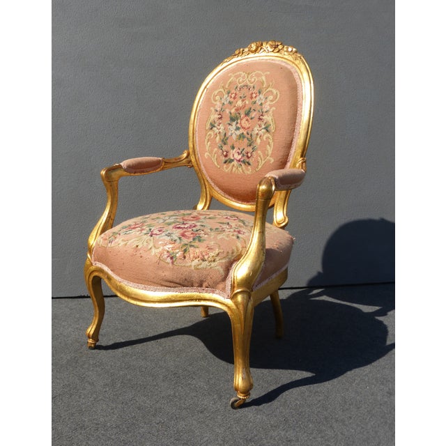 French Rococo Gilt & Pink Tapestry Arm Chair | Chairish