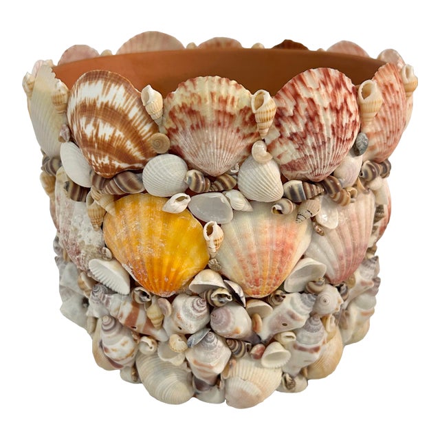 Contemporary Coastal Grotto Palm Beach Shell Encrusted Planter For Sale