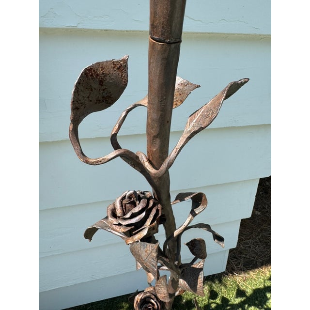 1940s 1940s Hand Forged Wrought Iron Rose Floor Candle Holder Sculpture Roots Blacksmith For Sale - Image 5 of 13