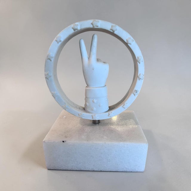 Jonathan Adler Jonathan Adler Marble Peace Sign Sculpture on Marble Base For Sale - Image 4 of 8