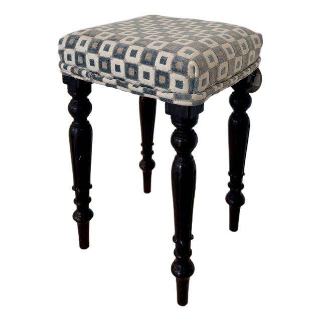 Mid 20th Century English Vintage Turned Leg Upholstered Stool For Sale