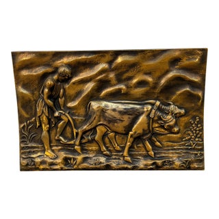 Vintage Bronze-Tone Relief Plaque of Farmer With Ox For Sale