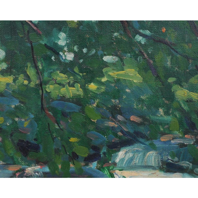 Green and blue abstract impressionist waterscape by artist Clarence Bolton. The piece depicts a brook with clear, flowing...