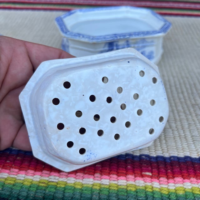 A Rare Antique Ironstone Blue Transfer Decorated Covered Soap Dish With Insert, Circa 1850’s For Sale - Image 9 of 12