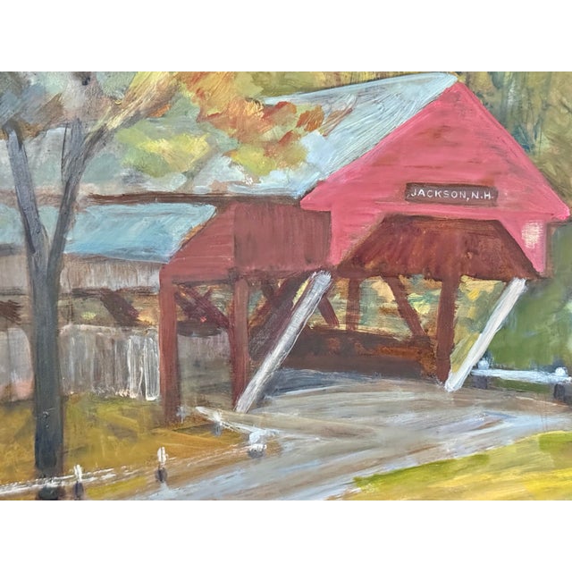 Midcentury New England Landscape Expressionist Oil Painting With Covered Bridge by Theresa Berney (1904-2001) For Sale - Image 4 of 9