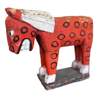 1950s Primitive American Folk Art Painted Wood Horse Sculpture in Red and White With Black Circle Motif For Sale