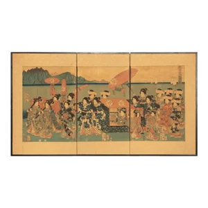 Edo to Meiji Era Utagawa Kunisada Woodblock Print Triptych Byobu Screen C. 1850s