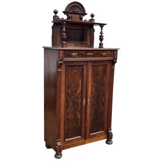 Antique Walnut Bookcase / Cupboard with Fitted Shelves & Drawer For Sale