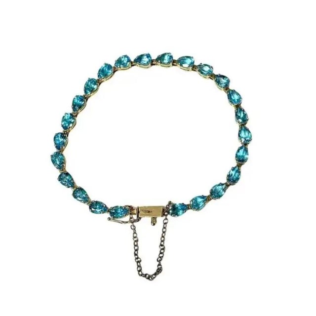 Tennis Bracelet With Pear-Shaped Blue Topaz Gemstones, 14k Gold For Sale In Tampa - Image 6 of 6