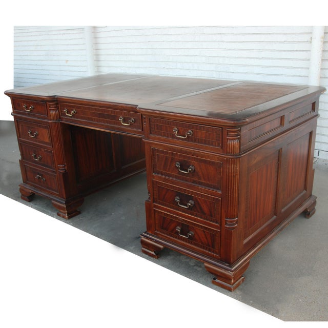 English Leather Top Partner Desk For Sale - Image 4 of 11