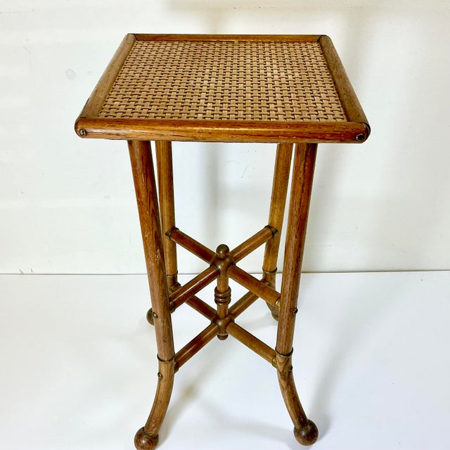 1950s Vintage Arts & Crafts Boho Chic Oak, Cane & Brass Stick & Ball Drinks Table For Sale - Image 12 of 13