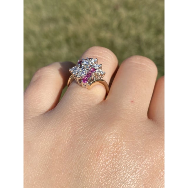 Contemporary The Calville: Ladies 14K Two Tone Ruby and Diamond Cluster Bypass Ring For Sale - Image 3 of 11