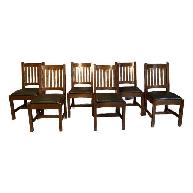 Set of 6 Stickley Mission Oak Cottage Dining Chairs Leather Seats For Sale