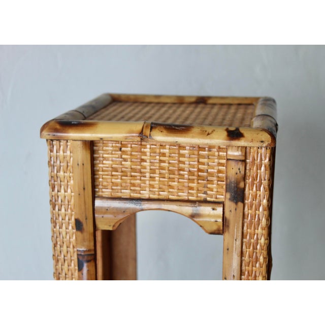 Vintage Scorched "Tortoise Shell" Style Bamboo Wicker Plant Stand Mid-Century For Sale - Image 11 of 13