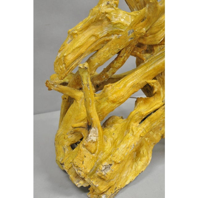 Wood Vintage Mid Century Modern Large Driftwood Yellow Painted Tiki Room Table Lamp For Sale - Image 7 of 12