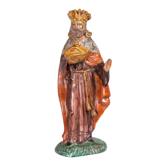 Hand Painted Ceramic Royal Figure Holding a Communion Box in Soft Patina Finish - Holiday Decor For Sale