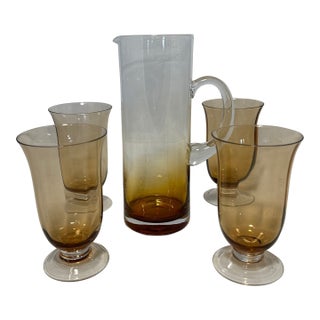 Amber Hand Blown Pitcher and Glass Set For Sale