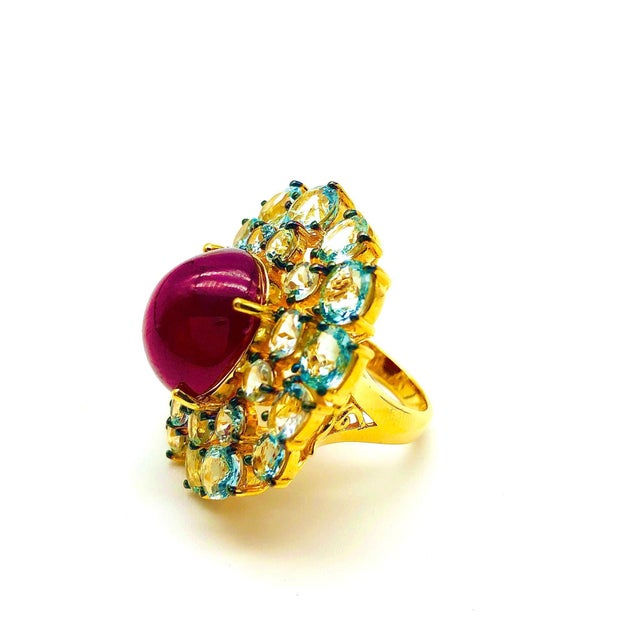 Baroque Bochic “Orient” Natural Ruby & Aquamarine Ring Set In 18K Gold & Silver For Sale - Image 3 of 14