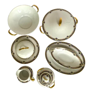 1929 Vintage Union Céramique Limoges 7 Pieces Serving Set with Roses, Blue Band, Yellow Laurel, Gold Rim
