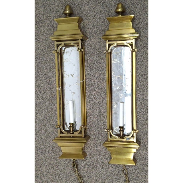 Mid 20th Century Mid 20th Century French Bronze and Gilt Mirror Pagoda Form Half Lentern Wall Sconces - a Pair For Sale - Image 5 of 12