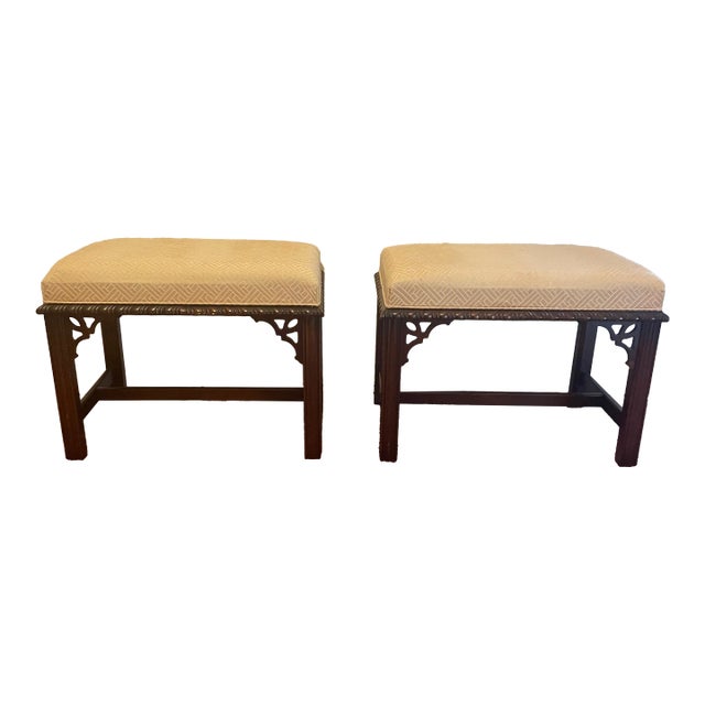 Pair of Drexel Chippendale Style Chinoiserie Stools For Sale