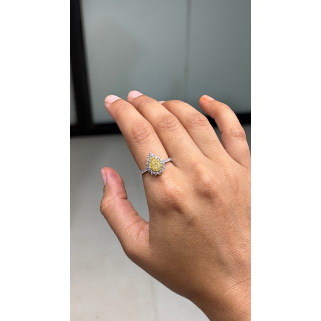 Art Deco Transitional 1ct Yellow Diamond Double Halo 18k Gold Pear Engagement Ring Size 4 For Sale - Image 3 of 18