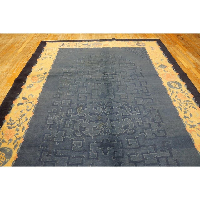 1920s Blue Ground Geometric Antique Chinese Peking Rug 6'10" X11'8" Wool Carpet For Sale - Image 11 of 11