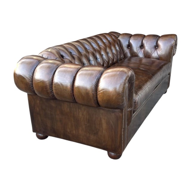 Vintage Chesterfield Leather Sofa With Tufted Back and Rolled Arms – Warm Brown Patina For Sale - Image 12 of 15