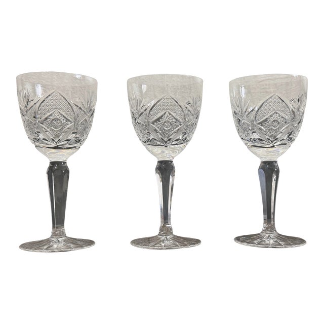 Mid 20th Century Fan & Diamond Cut Crystal Cordial / Dessert Wine Glasses - Set of 3 For Sale