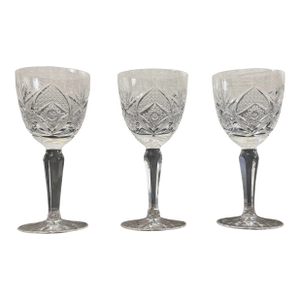 Mid 20th Century Fan & Diamond Cut Crystal Cordial / Dessert Wine Glasses - Set of 3