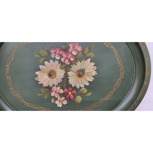 Rustic 1970s Rustic Floral Metal Tole Serving Tray For Sale - Image 3 of 7