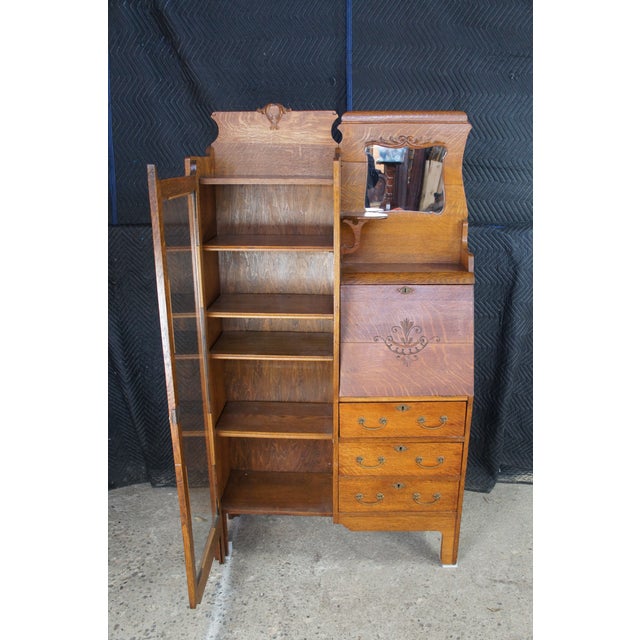 Antique Quartersawn Oak Side by Side Secretary Desk Bookcase Curio Cabinet For Sale - Image 4 of 12