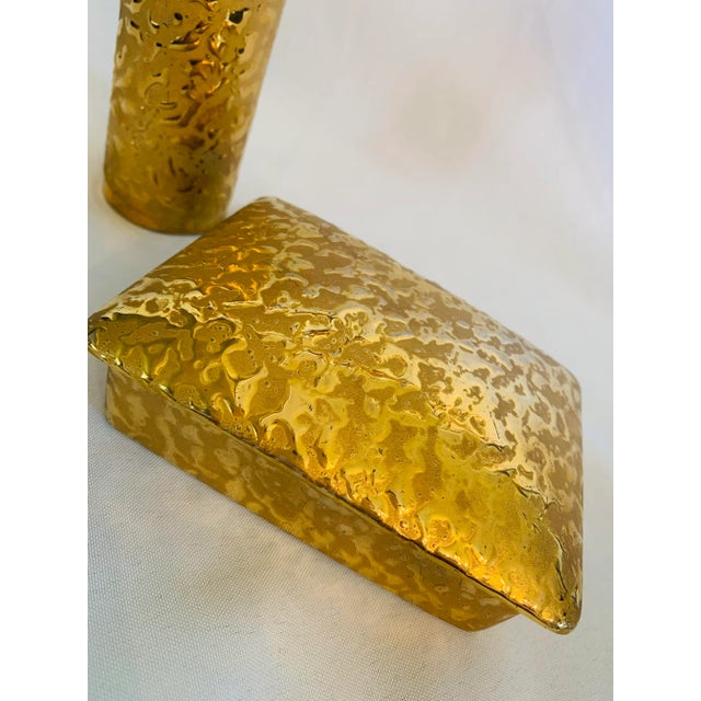 Gold 1970s 22 Kt Gold Ceramic Bud Vase and Trinket Box Vanity Set - 2 Pieces For Sale - Image 8 of 13