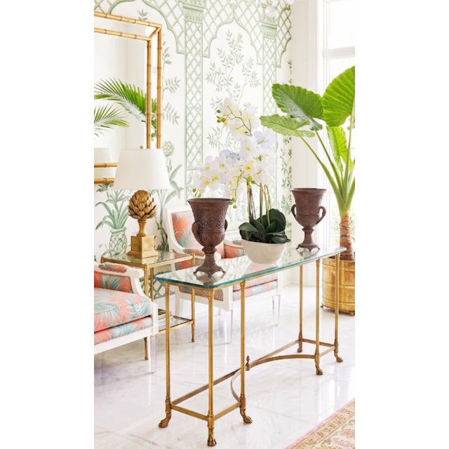 Vintage Italian Brass Hooved Feet Glass Top Mid Century Modern Traditional Console Table For Sale - Image 9 of 12
