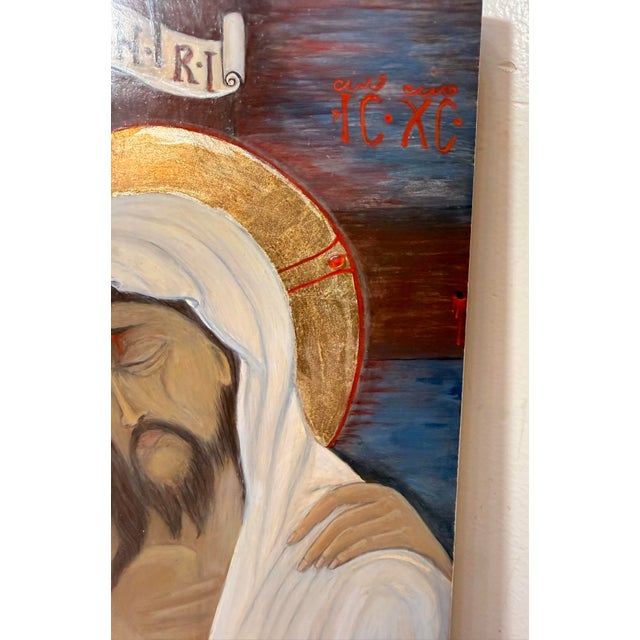Gold Vintage Original Gold Leaf Russian Icon Mary Jesus Pieta Oil Painting on Wood For Sale - Image 8 of 12