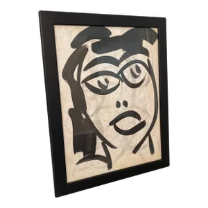 1970s Peter Keil Contemporary Original Black & White Abstract Portrait Painting, Framed