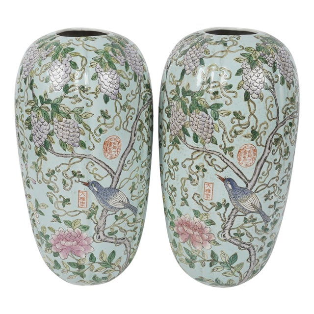 Striking Celadon Ground Chinese Porcelain Vases With Wisteria, Songbird & Seal Marks – 20th Century Chinoiserie Pair For Sale