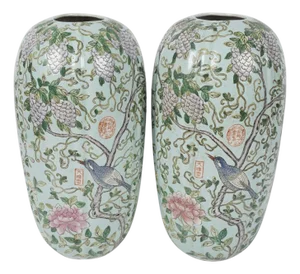 Striking Celadon Ground Chinese Porcelain Vases With Wisteria, Songbird & Seal Marks – 20th Century Chinoiserie Pair