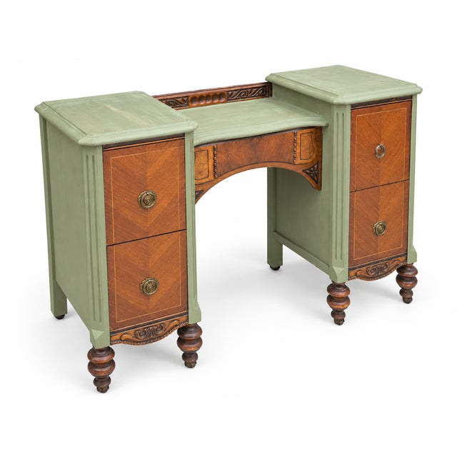 1930s Antique Art Deco Vanity With Three-Panel Mirror and Matching Bench For Sale - Image 5 of 18