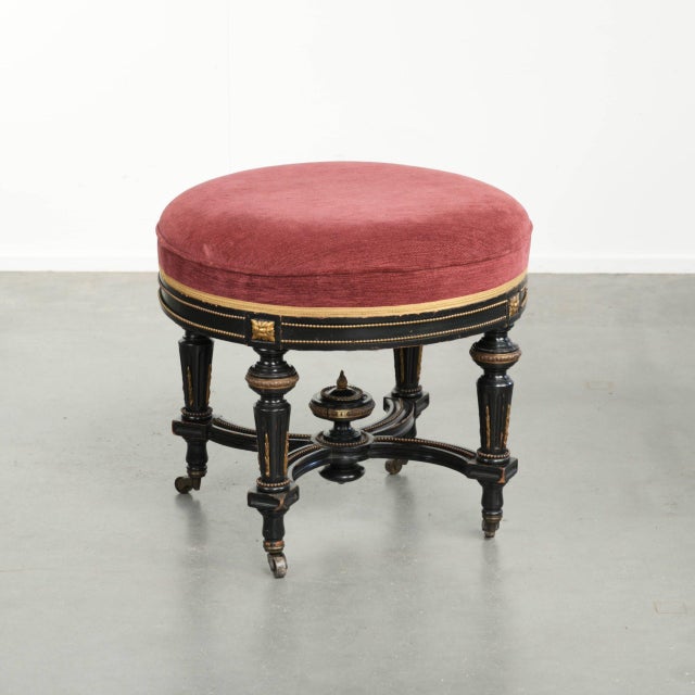 Antique English Stool with Red Fabric Seat and Black Wooden Base with Gold-Colored Details For Sale - Image 12 of 12