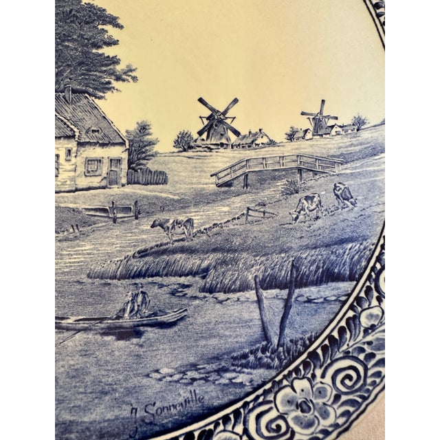 Traditional Vintage Large Delft Boch Blue and White Plate With Cottage and Windmill Scene For Sale - Image 3 of 7