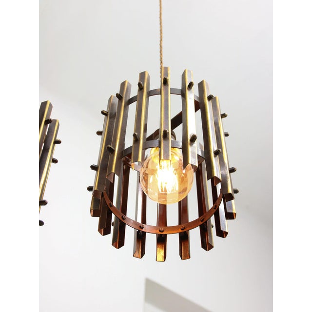 Vintage Italian Brass Cage Pendant Lamps, 1970s, Set of 2 For Sale - Image 14 of 15