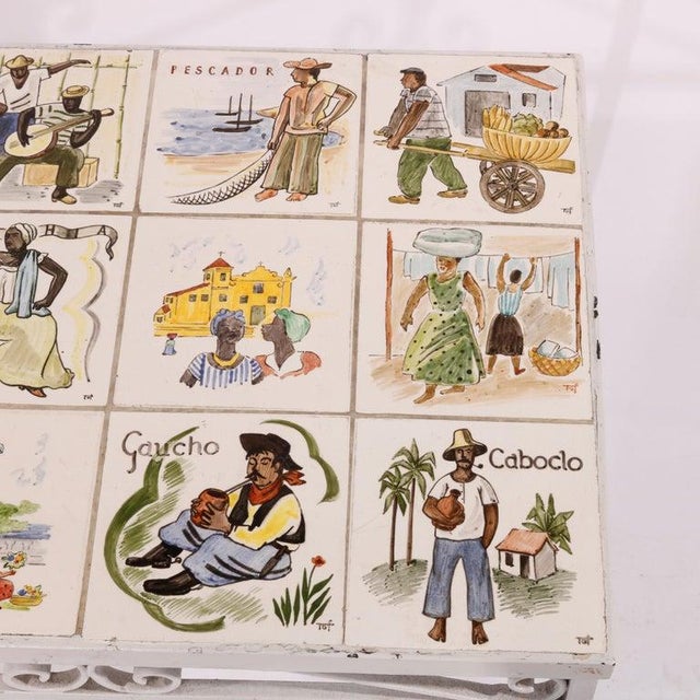 Antique Arts & Crafts Spanish Wrought Iron & Tile Top Table, Genre Scenes, 1930 For Sale - Image 18 of 18